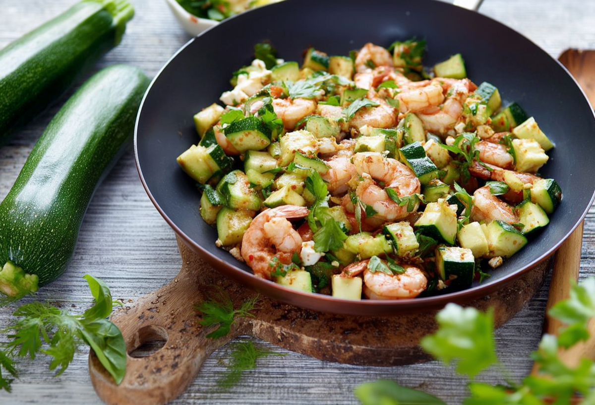 Garnelen-Zucchini-Pfanne, serviert auf einem Holzbrett. Daneben liegen zwei Zucchini und etwas frische Kräuter als Dekoration.