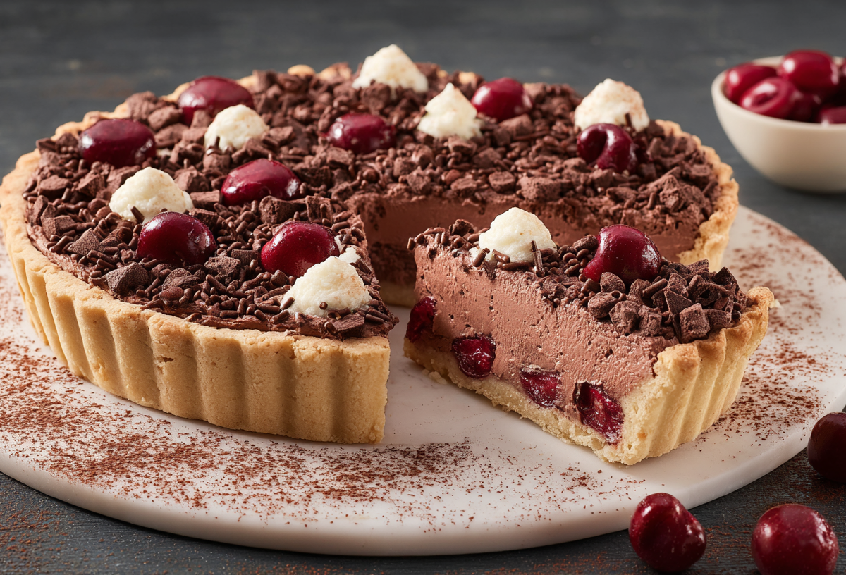 Kirsch-Schoko-Kuchen ohne Backen auf einer Marmorplatte, garniert mit Schokolade, Kirschen und Sahne.