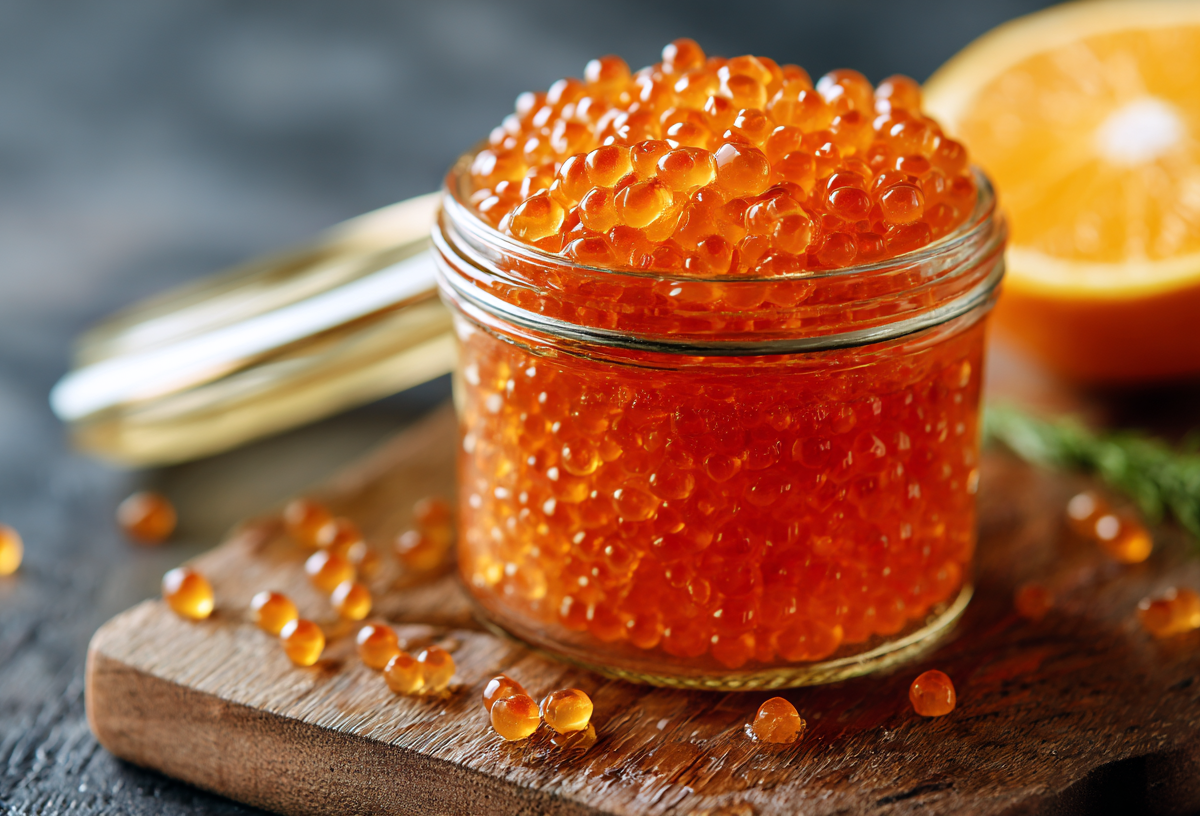 Orangenkaviar in einem kleinen Glas, im Hintergrund unscharf eine halbe Orange.