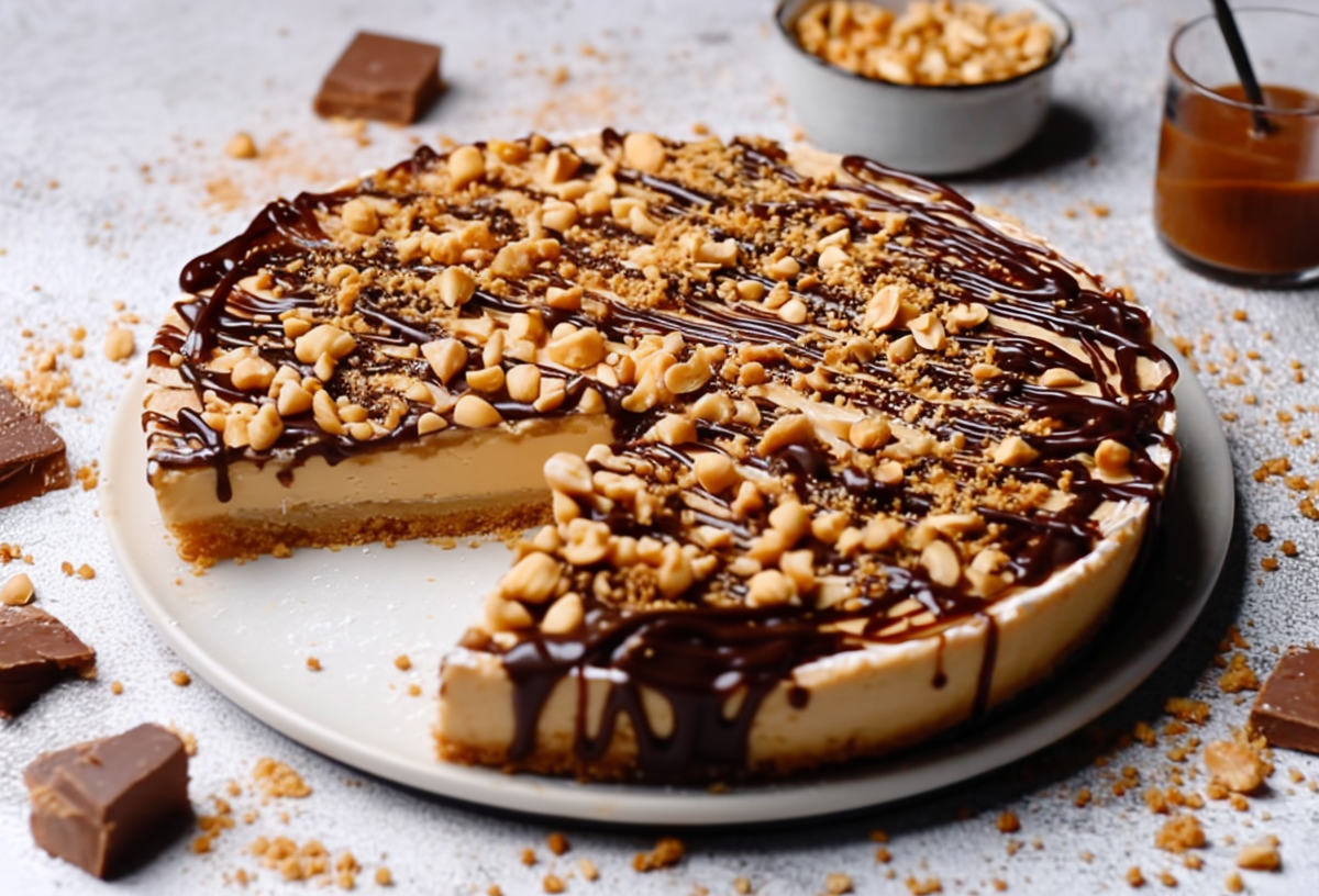 Snickers-Kühlschranktorte, serviert auf einem Teller. Schokostücke und Erdnüsse liegen als Deko außen herum.