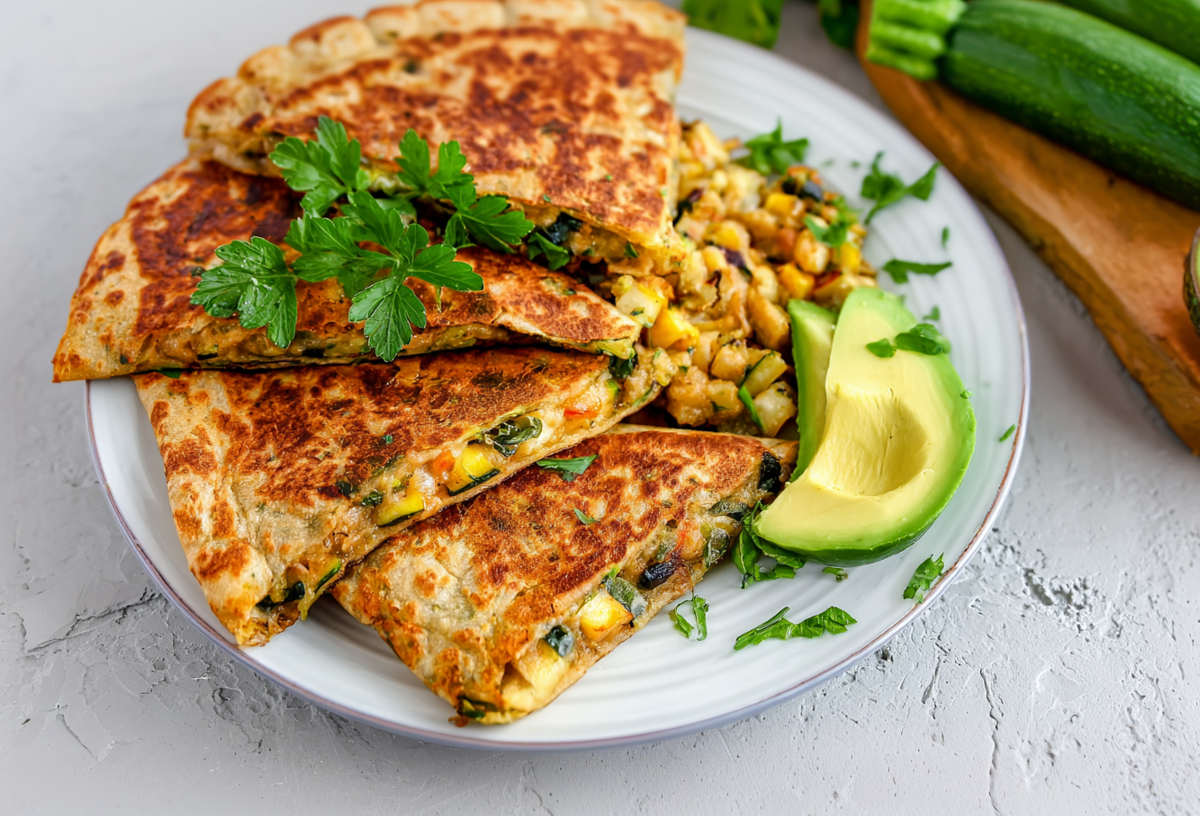 Zucchini-Tortillas auf einem Teller, angerichtet mit Rührei und Avocado.